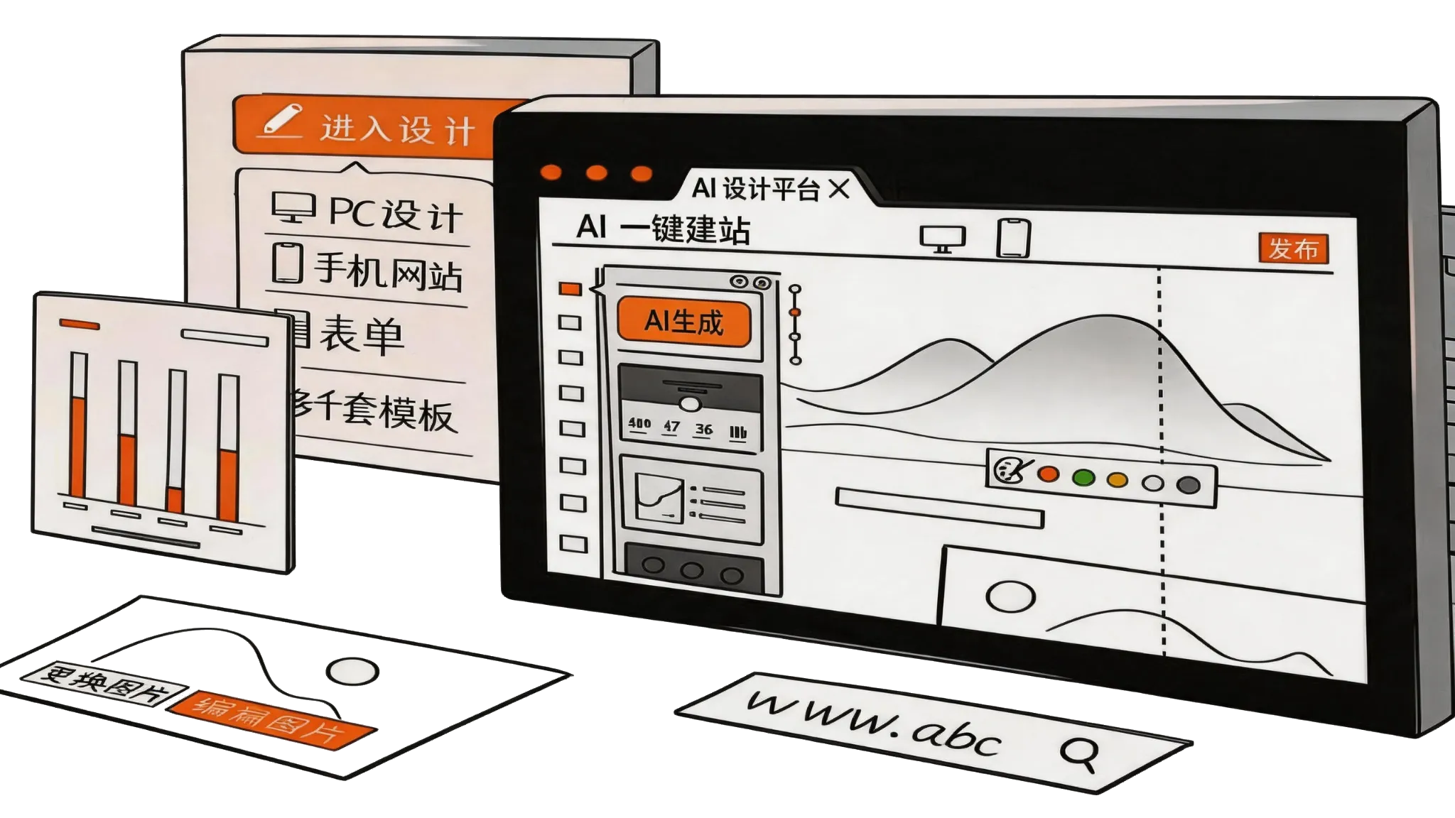 AI 智能建站平台界面 - AI 一键建站、千套模板、可视化拖拽编辑与一键发布
